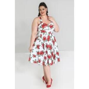 Hell Bunny Vixen 50’s Red Rose Floral Print White Halter Party Cannes Dress 3XL